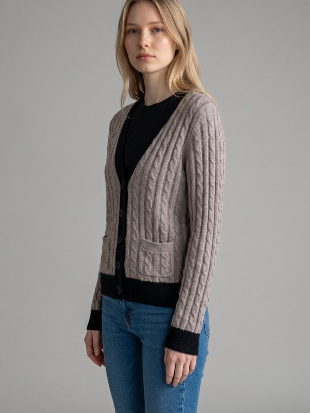 LOFT Taupe Cable Knit Cardigan with Black Trim